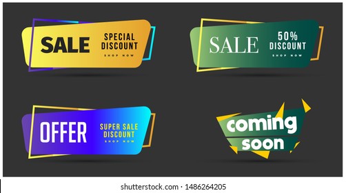 Sale Banner labels and tag set in different colours with coming soon label for marketing and promotion