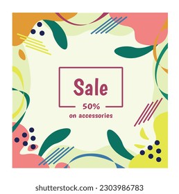 Sale banner with leaves. Advertising and marketing, promotion of goods on Internet. Special and limited holiday offer. Poster with abstract flowers. Cartoon flat vector illustration
