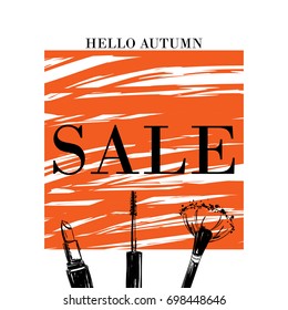 Sale banner with lettering hello autumn and items cosmetics. Autumn banner with an orange square and lipstick, mascara, make-up brush. Beauty care cosmetics design. Vector Template.