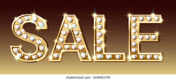 Sale banner, letters of gold and sparkling diamonds in the shape of a heart. Advertising for jewelry stores. Realistic style. Vector illustration.