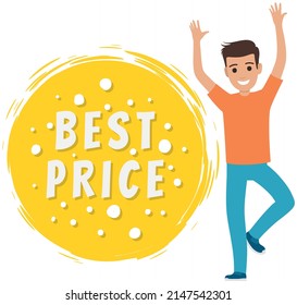 Sale banner with man dancing near advertising poster. Shopping time promotional style. Lady rejoices in premium quality and best offer in store. Male character in dance next to sale advertisement