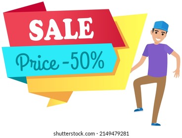 Sale banner with man dancing near advertising poster. Shopping time promotional style. Lady rejoices in premium quality and best offer in store. Male character in dance next to sale advertisement