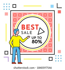 Sale banner with a man standing near advertising poster with lettering best sale up to 80%. Smiling guy shows his hand to the broadsheet, discount shopping time, new season sale. Discount poster