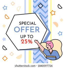 Banner de venta con un hombre parado cerca de un afiche publicitario con oferta especial de letras hasta el 25%. Un tipo sonriente muestra su mano en el periódico, el horario de compras con descuento, la nueva temporada de venta. Afiche de descuento