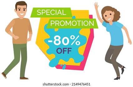 Sale banner with man and woman dancing near advertising poster. Shopping time promotional style. People rejoice in discounts and big sale in store. Positive characters with emotion of happiness, joy