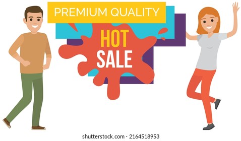 Sale banner with man and woman dancing near advertising poster. Shopping time promotional style. People rejoice in discounts and big sale in store. Positive characters with emotion of happiness, joy