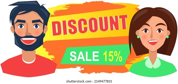 Sale banner with man and woman faces near advertising poster. Shopping time promotional style. People rejoice in discounts and big sale in store. Positive characters with emotion of happiness, joy