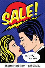 Sale banner with man and woman in vintage, american comic pop art style, vector illustration