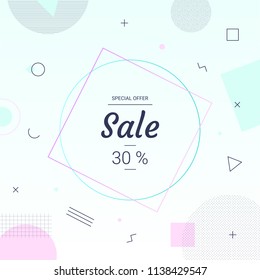 Sale banner Memphis style in pastel color with geometric shapes. Sale background minimal design template create by vector.