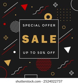 Sale banner in minimalistic trendy style. Black Friday sale poster on dark background with geometric shapes in Memphis style. Vector illustration for labels, packages, social media posts