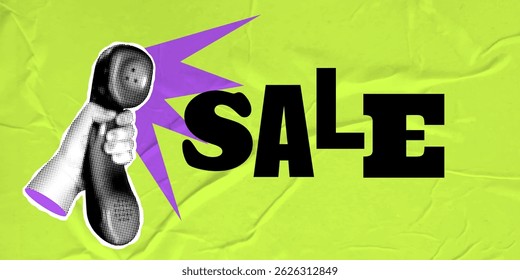 Sale banner. Modern collage with halftone hand holding telephone receiver. Announcement banner for sale. Advertising poster. Banner to attract attention. Retro pop art template for marketing promotion