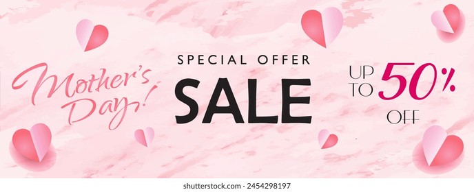 Sale banner Mother's Day gift card for best mom. Beautiful rose chamomile flowers and flying hearts isolated on pink marble background voucher sign online shopping. Modern minimalist vector template