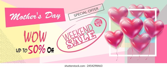 Sale banner Mother's Day gift card for best mom. Beautiful rose chamomile flowers and flying hearts isolated on pink marble background voucher sign online shopping. Modern minimalist vector template