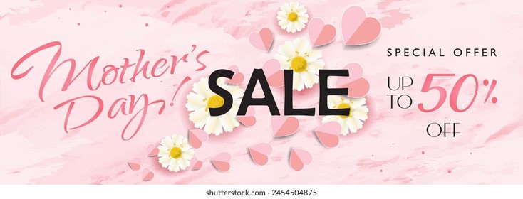 Sale banner Mother's Day gift card for best mom. Beautiful rose chamomile flowers and flying hearts isolated on pink marble background voucher sign online shopping. Modern minimalist vector template
