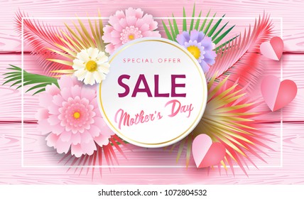 Sale banner for Mother's Day, Women's Day, floral background, blossom, Spring holiday decoration, shopping card, voucher, gift, vector fashion poster, lettering, paper cut origami, pink wood texture.