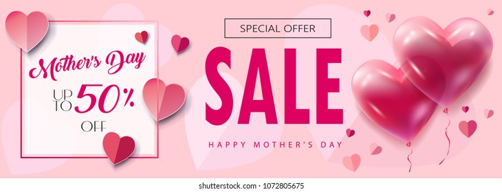 Sale banner for Mother's Day, Women's Day, floral background, blossom, balloon, hearts. Spring holiday decoration, shopping card, voucher, gift vector pink fashion poster, paper cut, origami texture.