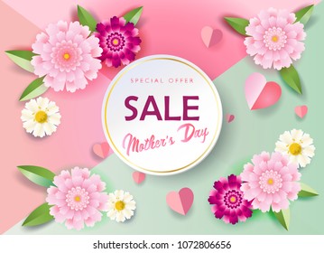 Sale banner for Mother's Day, Women's Day, floral background, blossom, Spring holiday decoration, shopping card, voucher, gift card, vector pink fashion poster, lettering, paper cut, origami texture.