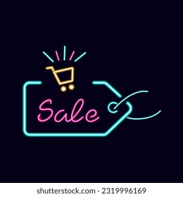 Sale banner in neon style on dark background