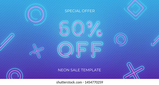 Sale banner neon template. Neon sale discount offer.