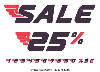 Sale banner with numbers set, percent, and dollar sign. Fast speed, winged, and sport template. Perfect for Special offer tag, Black Friday advertising, discount flyers, and Super promo commercials