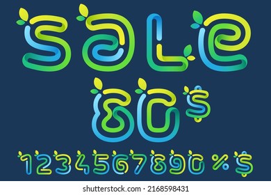 Sale banner with numbers set, percent, and dollar sign. Ecology art with rounded letters and green leaves. Perfect for Special offer tag, Black Friday advertising, discount flyers, and commercials.