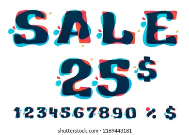 Sale banner with numbers set, percent, and currency sign. Colorful art made of paint splashes. Perfect for Special offer banner, Black Friday advertising, discount flyers, and Super promo commercials.