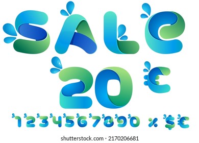 Sale banner with numbers set, percent, and dollar sign. Ecology template with blue letters and dew drops. Perfect for Special offer tag, Black Friday advertising, discount flyers, and commercials.