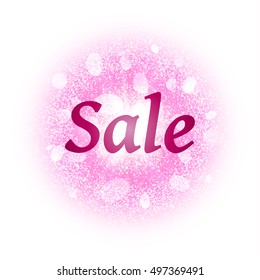 Sale banner on abstract explosion background with pink glittering elements. Burst of glowing star. Dust firework light effect with glow. Sparkles splash powder background. Vector illustration