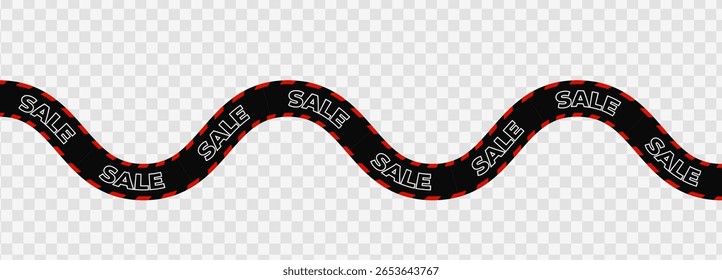 Sale banner on black wavy ribbon with bold white text and red accents. Urgent retail message, promotion for clearance or seasonal campaign. Flat vector illustration