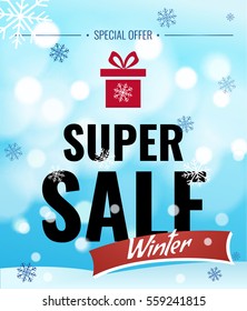 Sale banner on blue background with snowflakes. Text - winter super sale, special offer. Sale new year poster. 