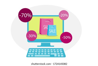Sale banner on the computer screen. Vector flat illustration.
