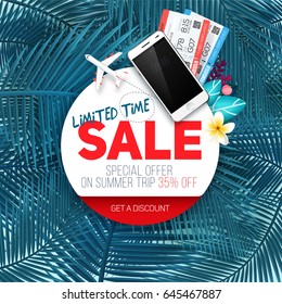 Sale banner on exotic palm leaf background, discount label with smartphone, travel tickets and aircraft, best offer on summer trip. Vector illustration