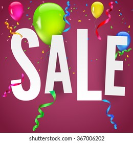 Sale banner on festive background with party flags, garlands and confetti. Editable vector