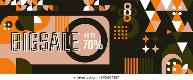 Sale banner on geometric abstract dark background in retro style. Summer sale design includes colorful abstract shapes. Special offers or price discounts. Vector illustration