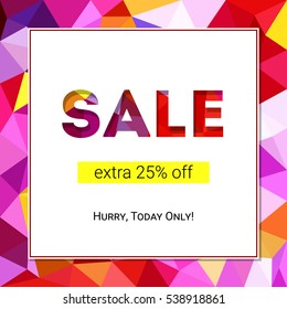 Sale banner on low poly background with elegant typography for luxury sales offers. Modern simple, minimalist design. Card, banner, tag template. Vector illustration, eps 10