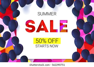 Sale banner on low poly background with inflatable balloons and typography for luxury sales offers. Modern, colorful design with black inflatable balloons. Vector illustration, eps 10