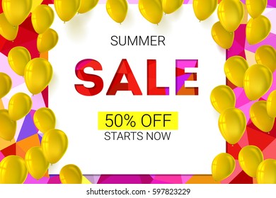 Sale banner on low poly background with inflatable balloons and typography for luxury sales offers. Modern, colorful design with yellow inflatable balloons. Vector illustration, eps 10