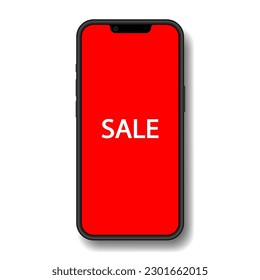 Sale banner on a phone screen. Social media promotion. Advertising on a smartphone display. Red background