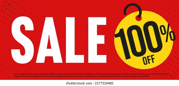 Sale banner on red background. 100 percent off. Sale discount banner. Special offer badge. End of season coupon. Discount offer price tag vector illustration