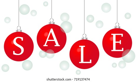Sale banner on red glossy Christmas balls with round snow flake on white background. Vector Illustration for sale banner, template, poster, flyer, web, app. Red sphere with metal silver chain.