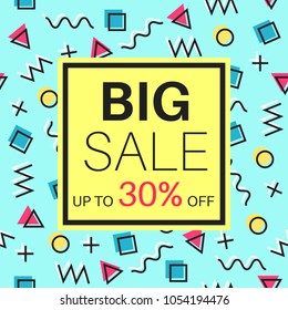 Sale banner for online shopping. Minimal logo in frame on playful style geometric background. Promotional email design poster with discount offer