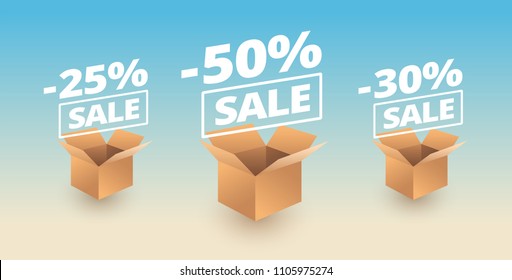 Sale banner - opened package boxes with sale discounts - 50% off, 25% off, 30% off sale vector