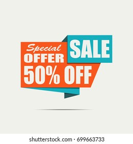 Sale banner. Orange discount poster on a light background, Sale tag, label, badge. Special offer, 50% off. Vector illustration, eps10