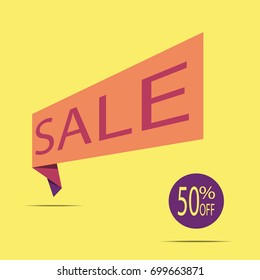 Sale banner. Orange and purple discount poster on a light yellow background, Sale tag, label, badge. Offer, 50% off. Vector illustration, eps10