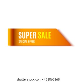 Sale banner. Orange realistic ribbon. Flag. Vector illustration.