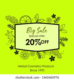 Sale banner of organic, ayurvedic, herbal products in green color with line art  of florals and herbs. Banner showing percentage discount offer. Big Sale offer banner. 