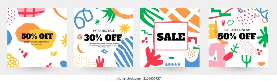 Sale banner with organic shapes. Discount labels with abstract chaotic nature figures, special doodle offer stickers. Vector promotion floral graphic layout set. Extra big sale for retail shops