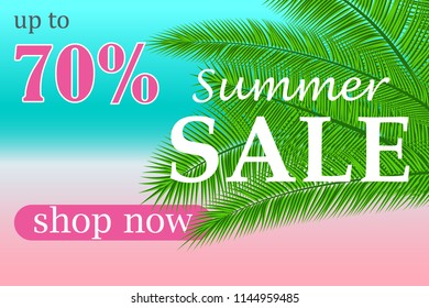 Sale banner with palm leaves. Floral tropical holidays background. Vector illustration. Hot Summer Sales design. Eps 10.