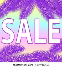 Sale banner with palm leaves. Floral tropical ultra violet background. Vector illustration. Hot Summer Sales design. Eps 10.