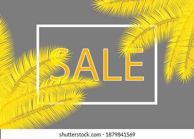 Sale banner with palm leaves. Floral tropical background. Yellow and gray colors abstract cover design.